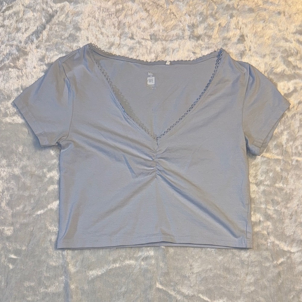 Me to We Light Blue V-Neck Ruched Crop Top